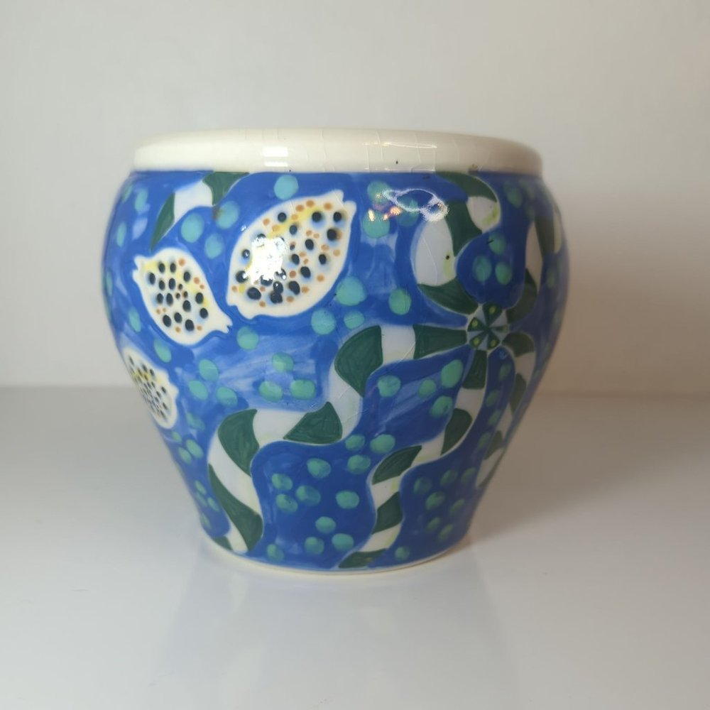 Blue Whimsical Nautical Starfish Seashell Studio Art Pottery Vase Flower Pot